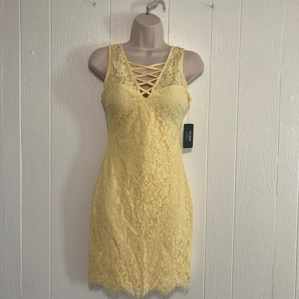 NWT Guess Los Angels soft yellow sleeveless lace dress